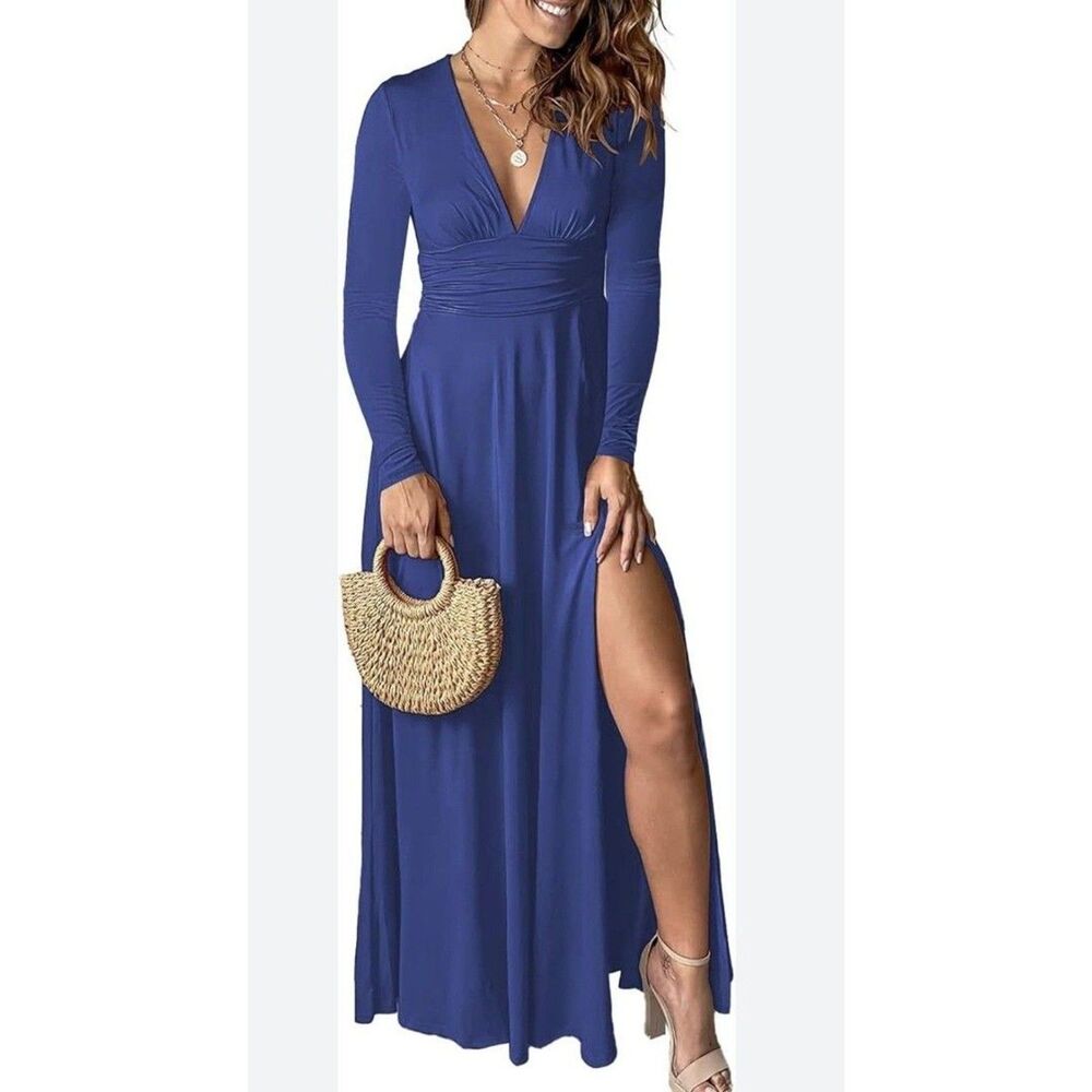 ​Fashion Nova Royal Blue Long Sleeve V-Neck Maxi Dress High Slit XS Wedding NWT